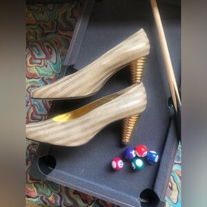 Timothy Hitsman Seersucker pumps with Ornate Gold Heel.